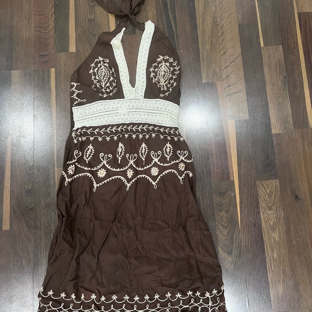 Venus Boho Brown Halter Dress with White Embroidery